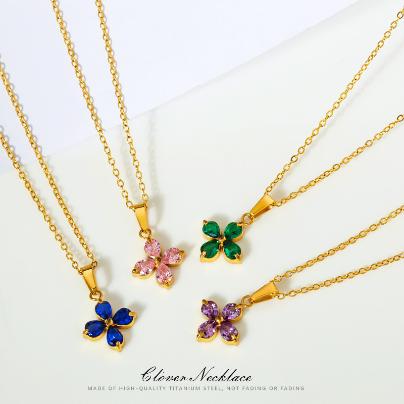 Titanium Steel Simple Four-Leaf Clover Flower Petal Zircon Colorful Non-Fading Women Spring Summer Versatile High-End Necklace Jewelry for Women