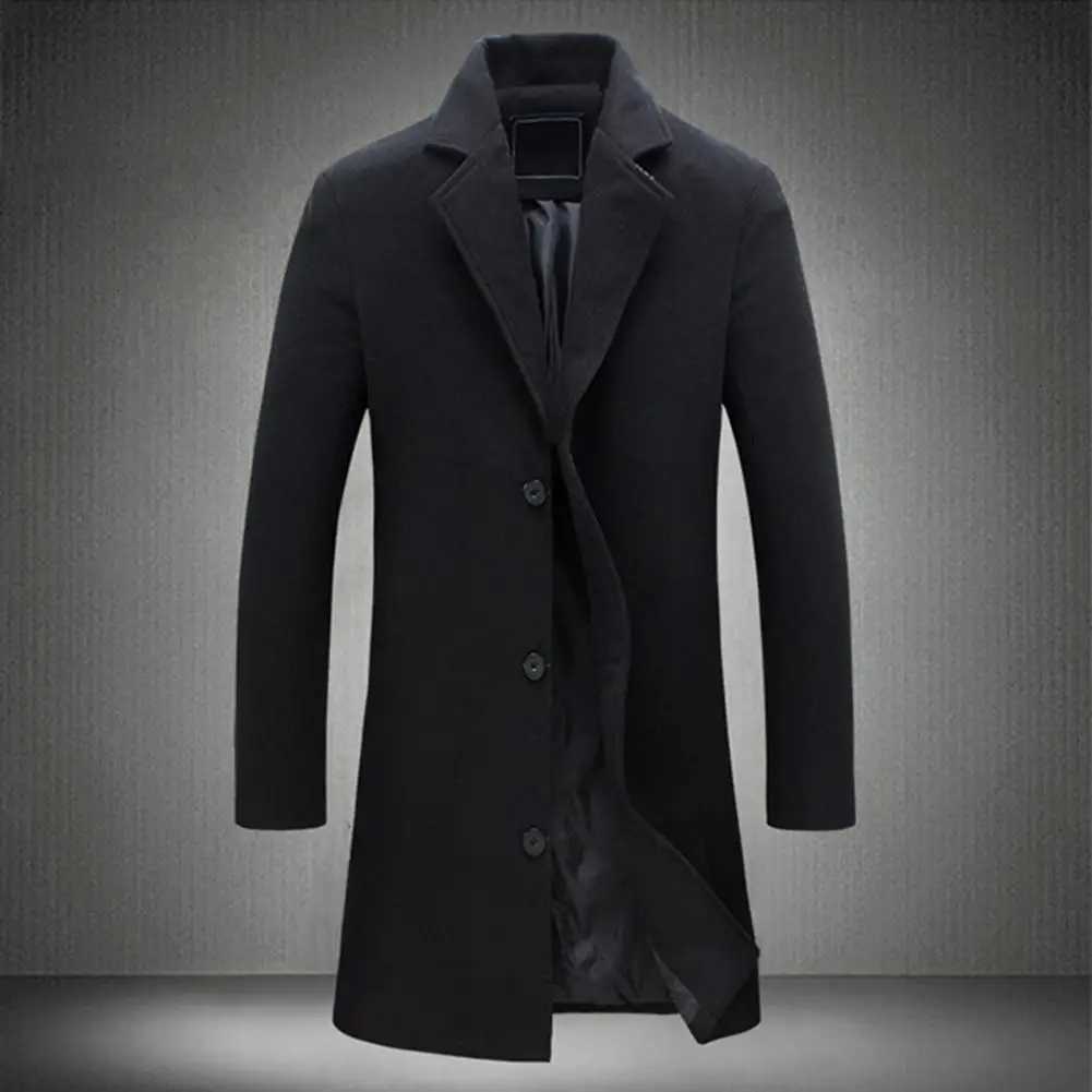 Men Windproof Casual Overcoat Woolen Coat Notch Lapel Long Sleeve Single Breasted Jacket Solid Color Business Coat W250815