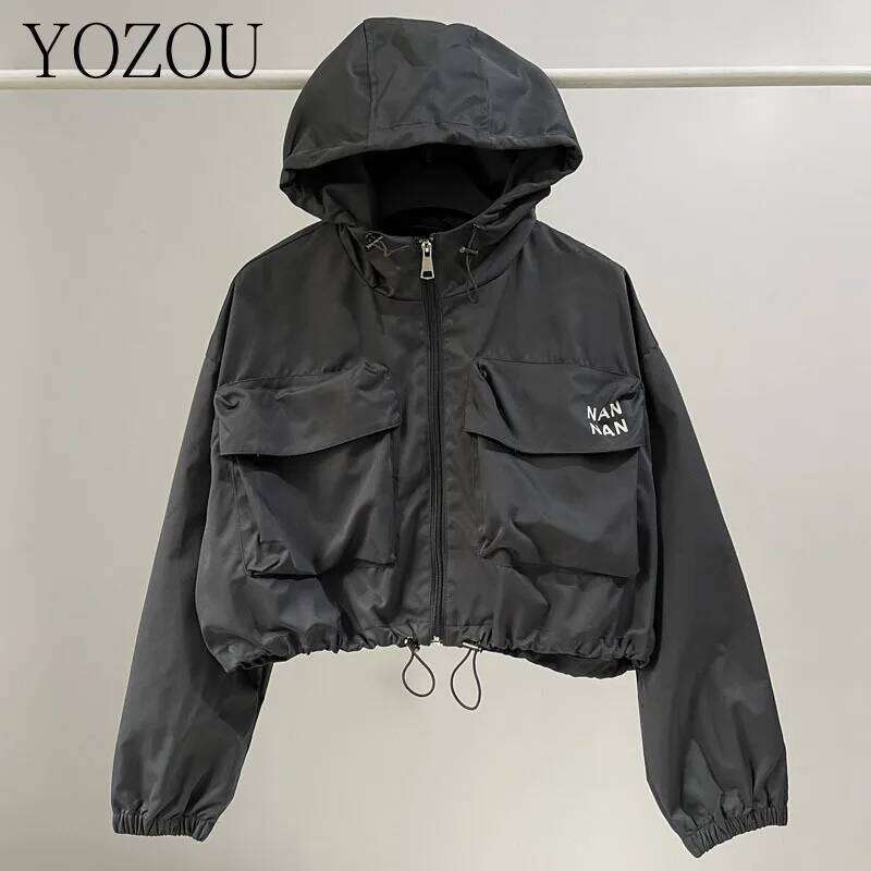 Autumn Oversized Cargo Hooded Windbreaker Black Short Cropped Zipper Outdoor Jackets Outwear Bomber Coat Khaki
