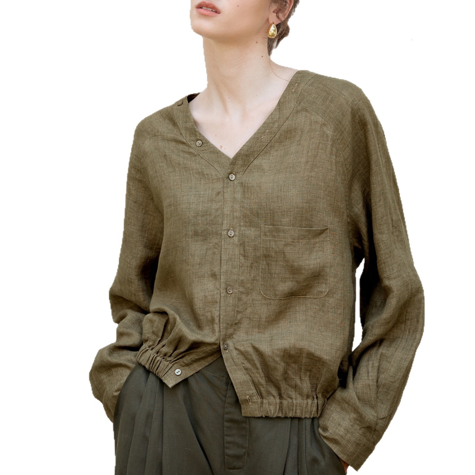 Autumn New Full Linen V-Neck Raglan Long Sleeve with Dyeing Craftsmanship Loose Cocoon Design Style Shirt