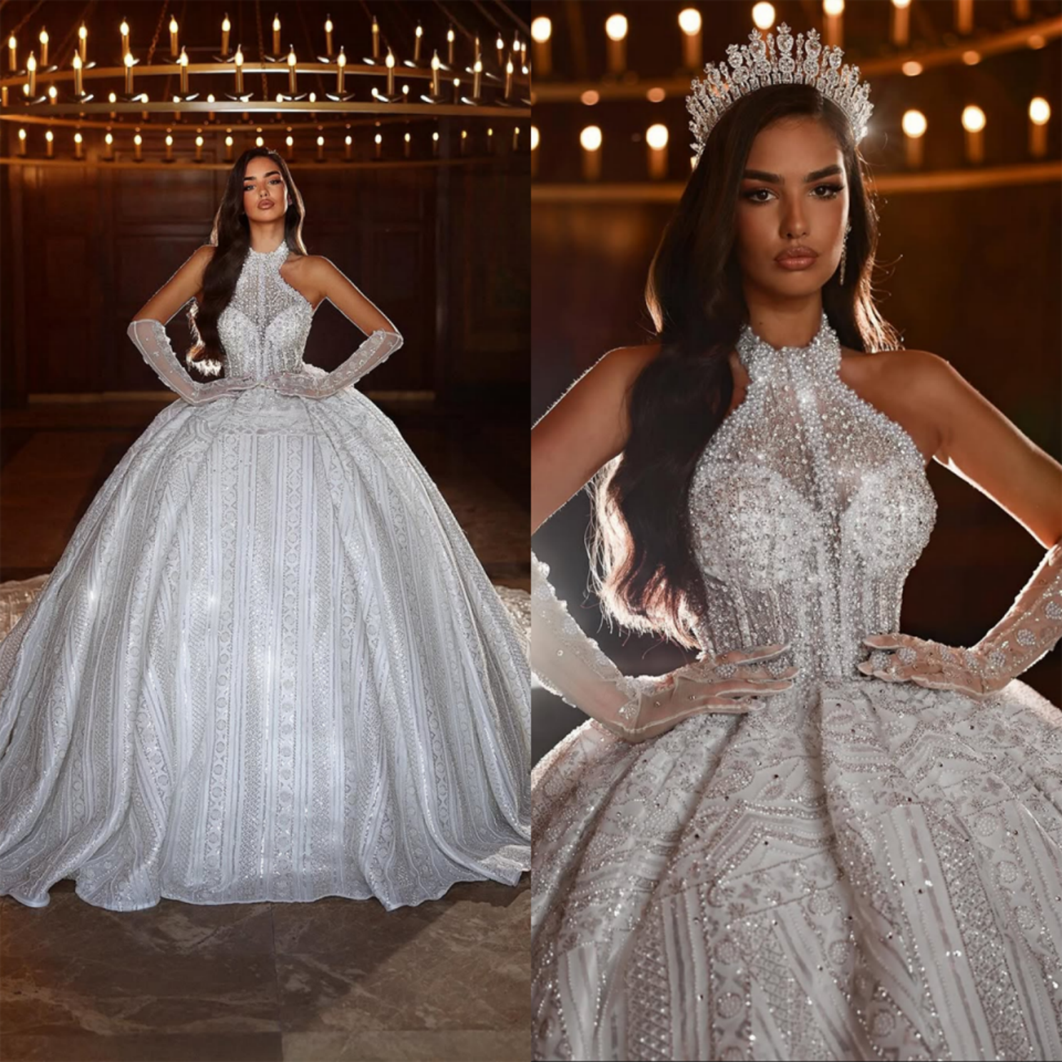 Gorgeous Ball Gown Wedding Dresses Halter Neck Sleeveless Bridal Gowns Sequins Pearl Sweep Train Princess Marriage Gowns Custom Made