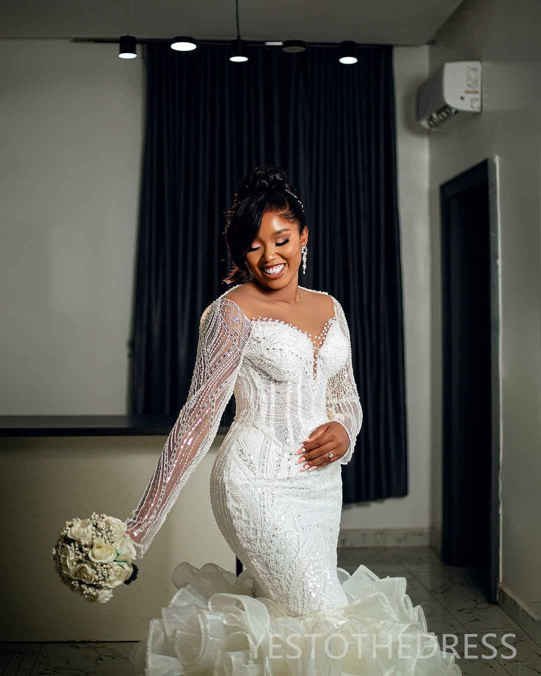 2025 Aso Ebi African Wedding Dress Bridal Gowns For Bride Mermaid Sheer Neck Detachable Train Lace Pearls Tiered Pleat Wedding Gowns For Black Women D