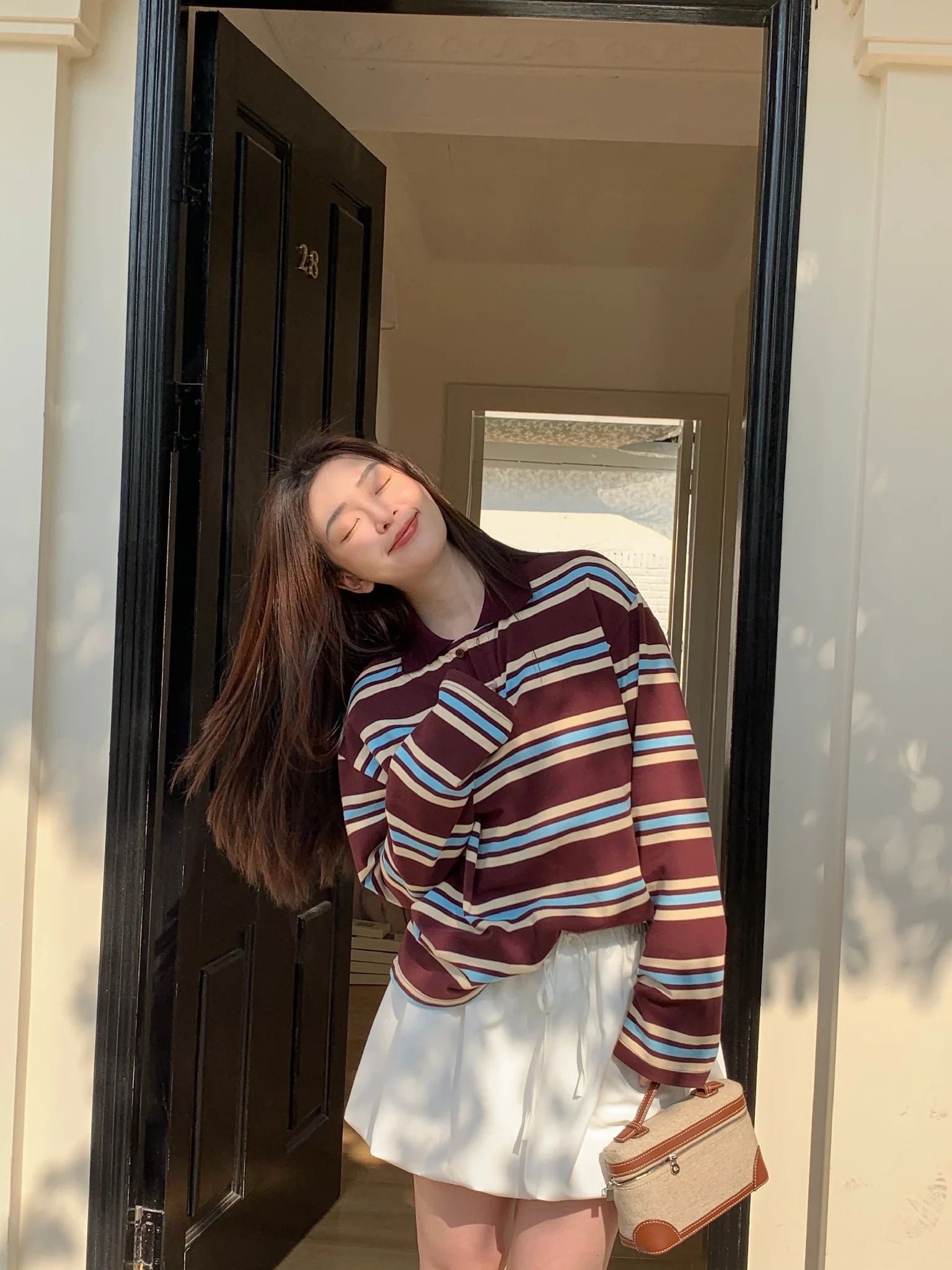 Summer Polo Shirts Woman Long Sleeve Crop Top Color Block Green Striped Print Mujer Casual Tops Brown Autumn 250814