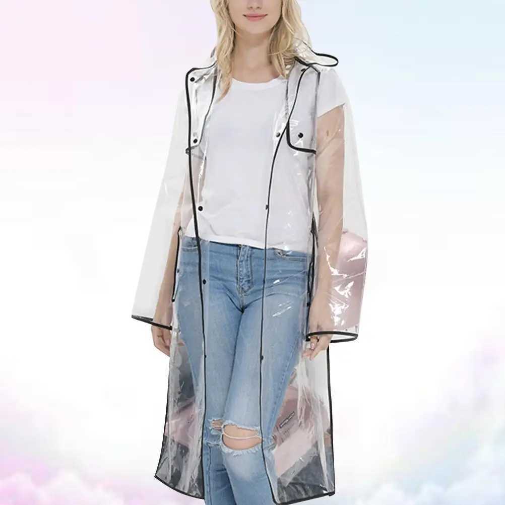 Eco EVA Black Raincoat Lightweight Transparent Hooded Women Slicker Mid Long Outdoor Cycling Rainwear WindPROof Y250814