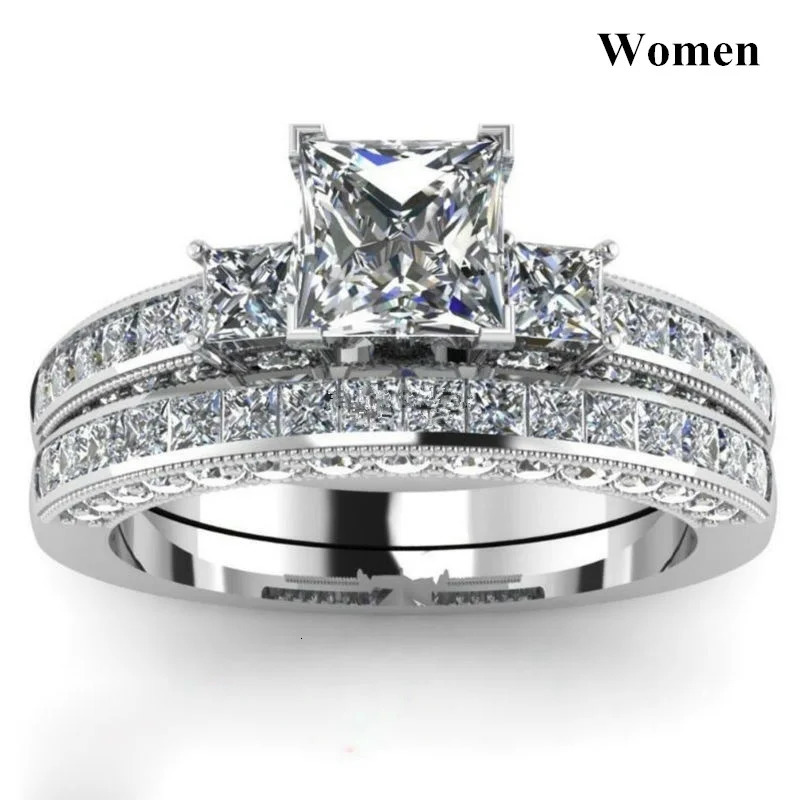 Fashion Couple Rings Mens CZ Stainless Steel Ring Women Square Cut Crystal Rhinestones Rings Set Wedding Engagement Jewelry 250811
