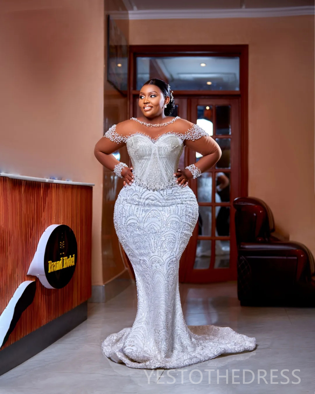 2025 Plus Size Off White African Wedding Dress Bridal Gowns For Bride Mermaid Sheer Neck Beaded Lace Pearls Tiered Pleat Tulle Wedding Gowns For Black