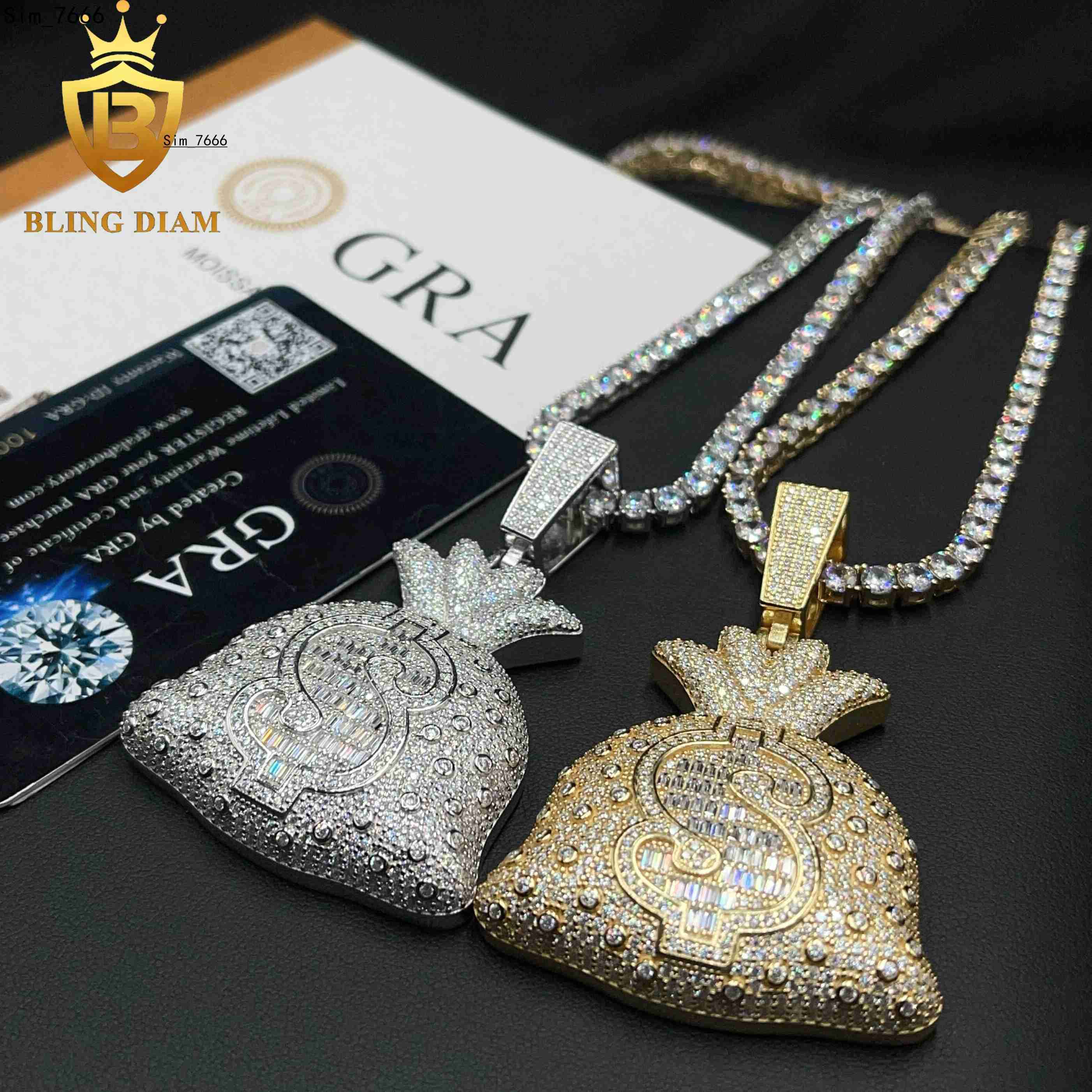 Hip Hop Rapper Style Jewelry 925 Sterling Silver VVS Moissanite Charm Money Bag Custom Pendants