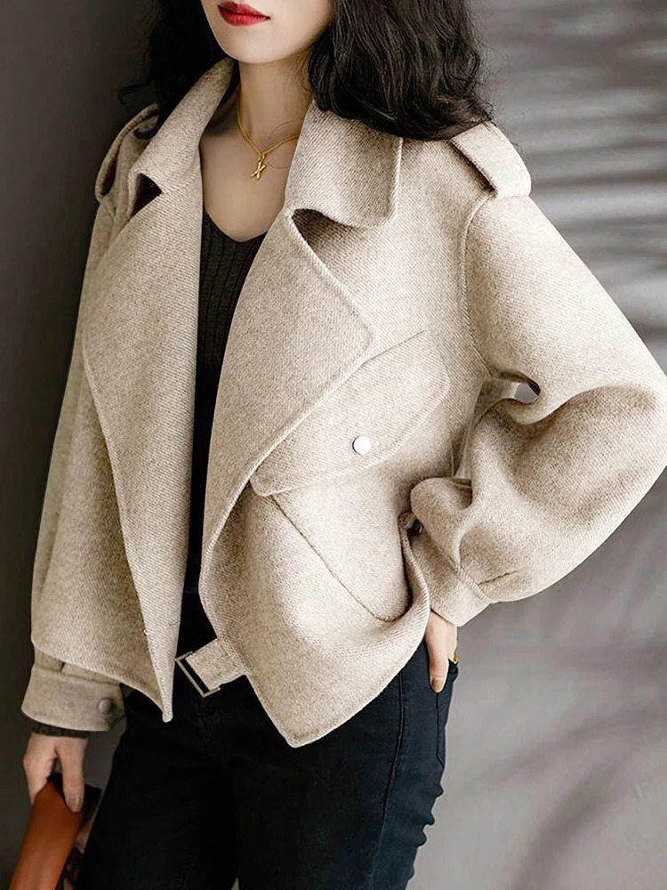 Woman Bomber Jacket Coat Autumn Winter Warm Belt n Woolen for Women Solid Khaki Elegant In Outerwears 250805
