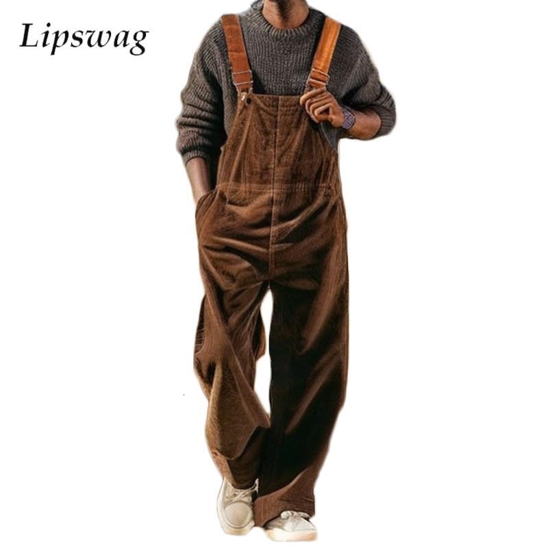Stylish Mens Straight Pants Romper Overalls Vintage Pure Color Loose Corduroy Jumpsuits Men Summer Fashion Sleeveless Bodysuits 250729