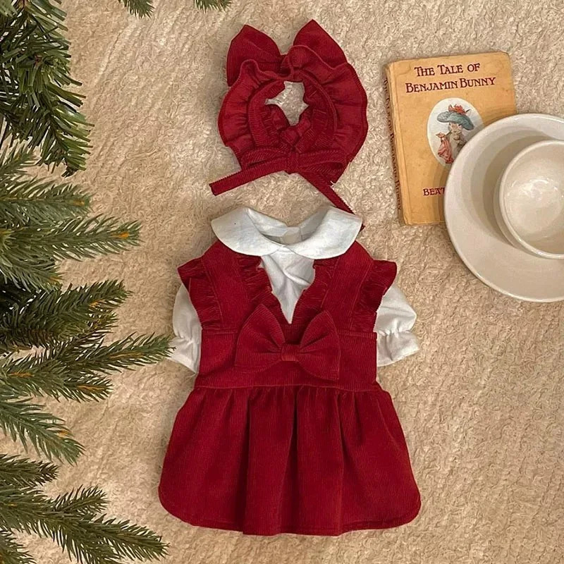 Puppy Bow Knot Dress Set Winter Warm Dog Clothes Pet Christmas Princess Teddy Solid Color Skirt Send Clip 250814