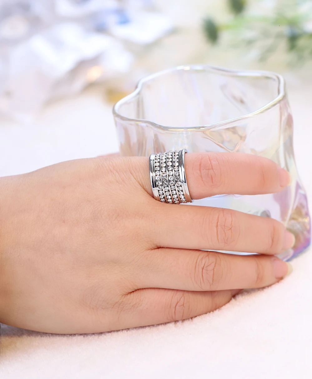 Shining Full 4 Row Crystal rhinestone jewelry accessories rings Gold Color Stainless Steel Couple Wedding rings for men and Wome 250811