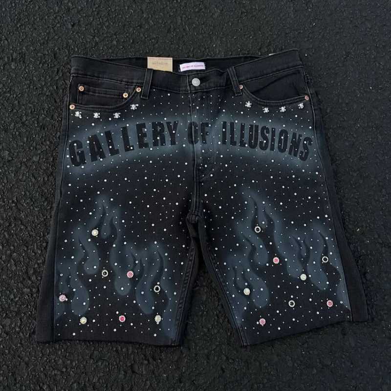 Y2K Vintage Distressed Jeans Flame Pattern Rhinestone Decoration High Waist Denim Shorts Fashion Men Women Hip Hop Streetwear Y250814