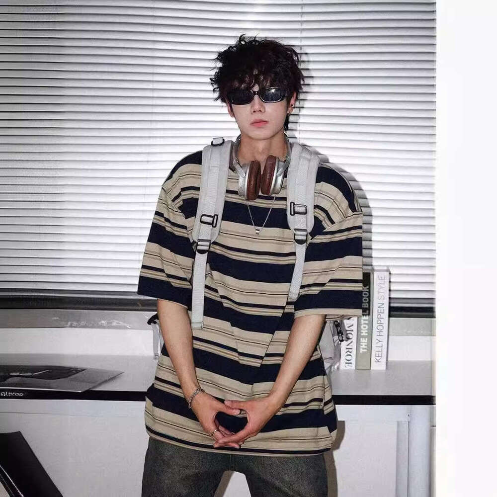 Striped Short Sleeve T-Shirt For Men Summer Boys Teenagers Loose Fit Pure Cotton Design Top Trendy B5