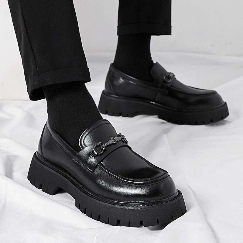 2025 New Thick-Soled Height-Increasing Men's Large Patent Leather Glossy Casual Chunky Heel Loafers Hairstylist Trendy