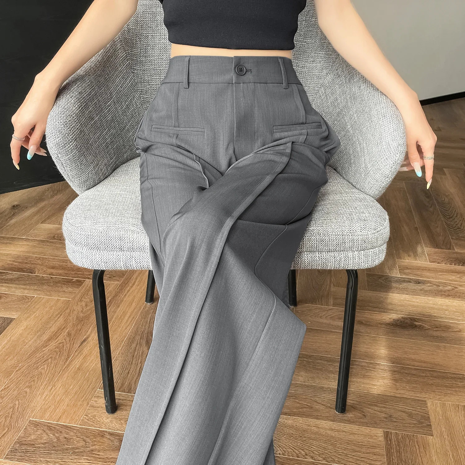 Seoulish 2025 High Waist Suit Wide Leg Womens Full Length Pants Summer Elegant Minimalism Straight Loose Trousers Female 250808