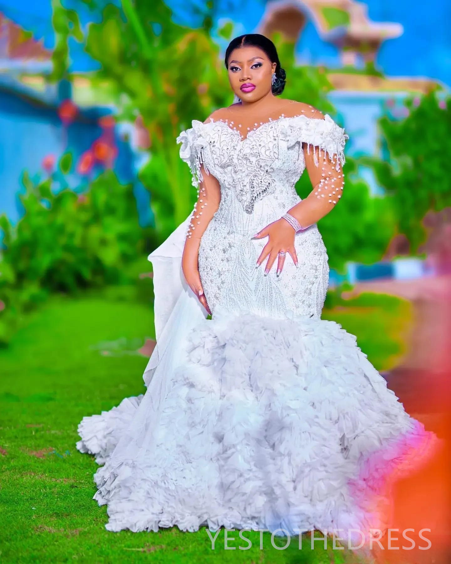 Arabic Aso Ebi Plus Size Off White Mermaid Wedding Dresses 2025 Pearls Beaded Floral Lace Full Sleeves Luxurious Vintage Bridal Gowns Dress D594