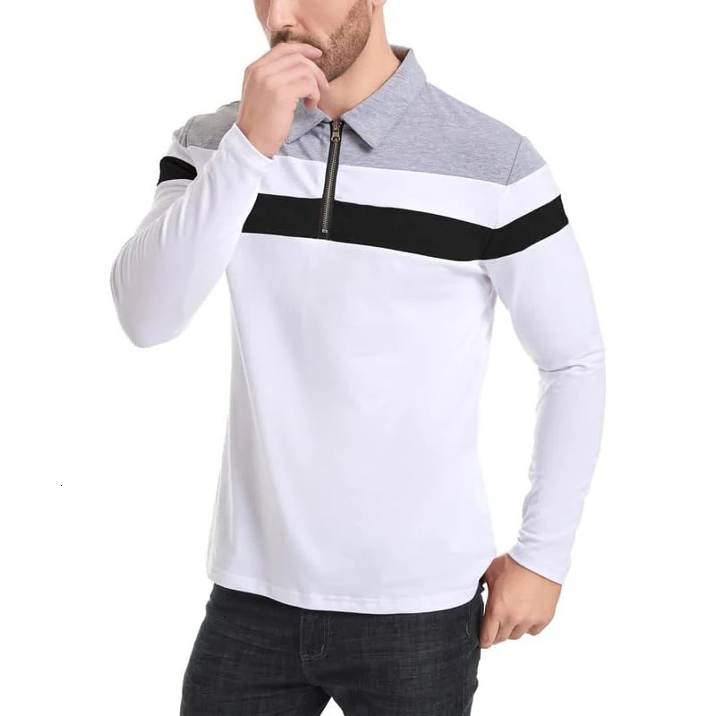 Mens Long Sleeve Striped Polo Shirts 14 Zip Cotton Patchwork Collared Shirt Casual Fashion Pullover Slim Fit Golf 250814