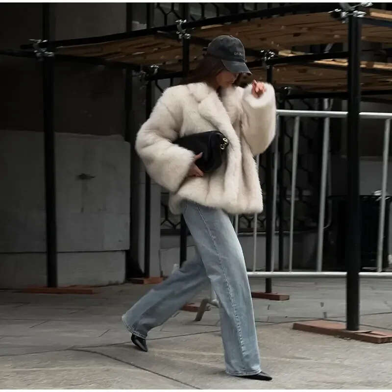 Autumn and winter new women's clothing lazy style lapel thickened faux fur plush environmentally friendly fur coat jacket for women