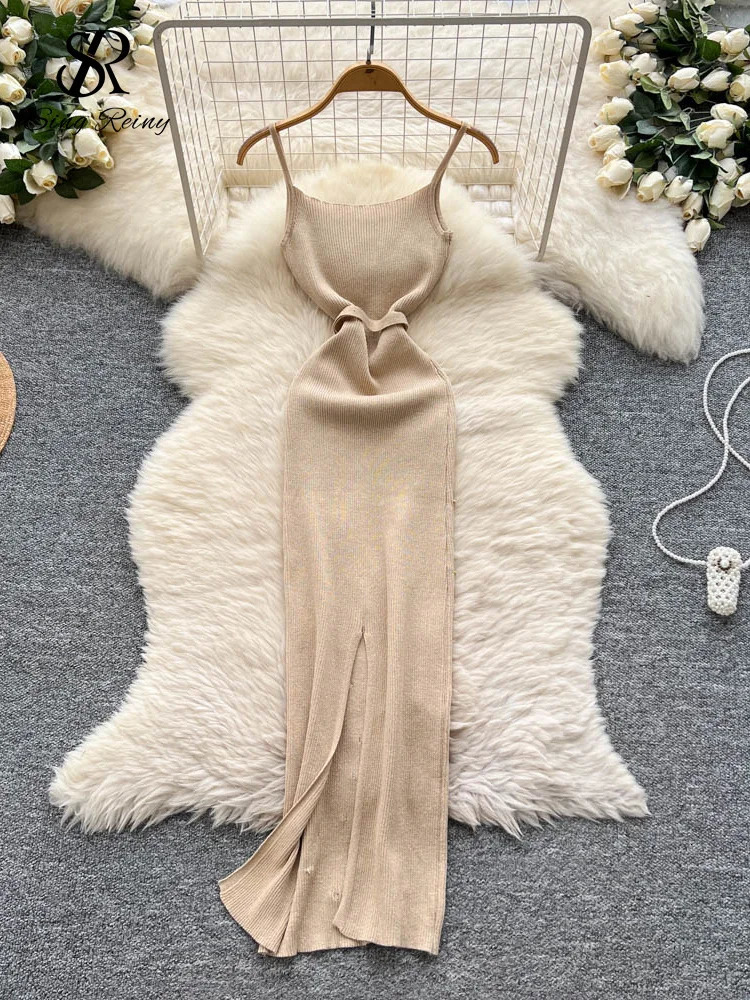 SINGREINY Sexy Knitting Split Long Dress Sleeveless Sequins Diamonds With Sashes Skinny Sundress 2025 Fashion Women Summer Dress 250808