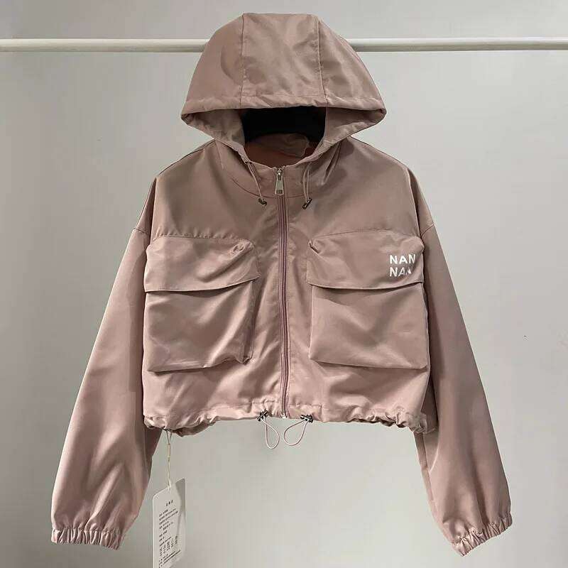 Autumn Oversized Cargo Hooded Windbreaker Black Short Cropped Zipper Outdoor Jackets Outwear Bomber Coat Khaki