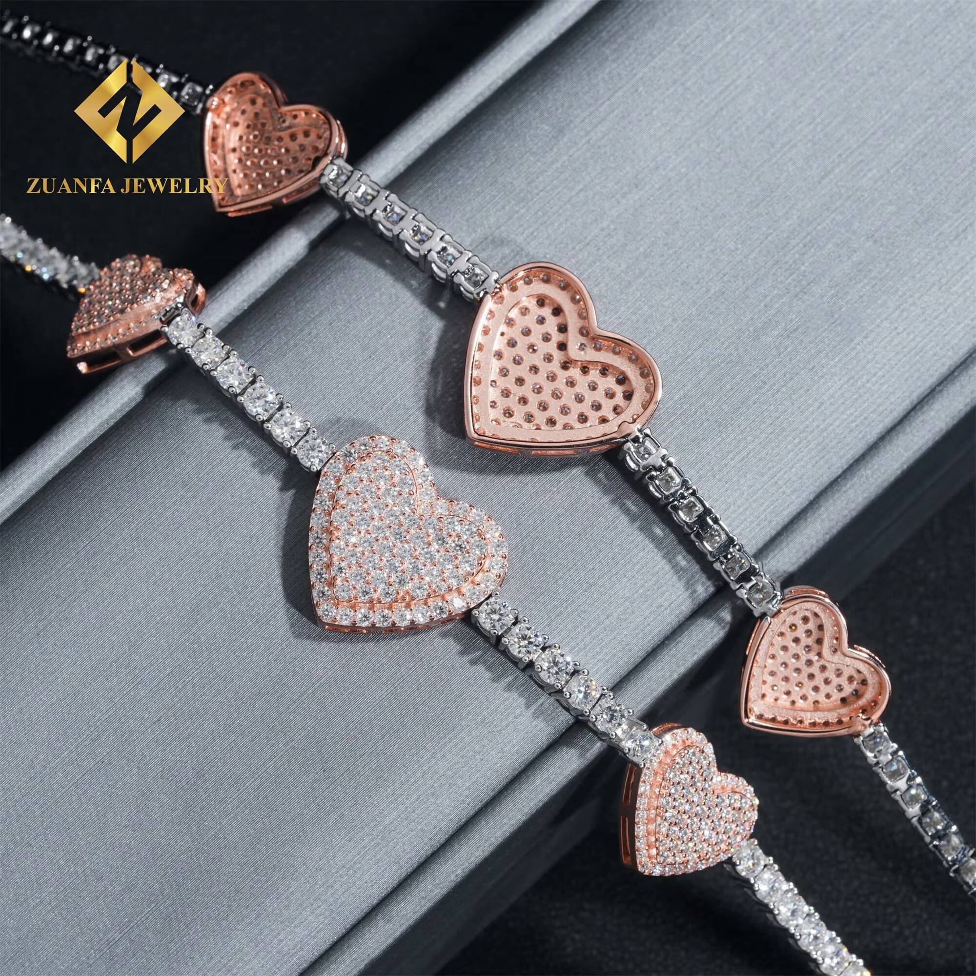 New Design 3mm Iced Out Hip Hop Jewelry S925 Silver Rose Gold Plated VVS1 Moissanite Diamond Heart Tennis Chain Bracelet
