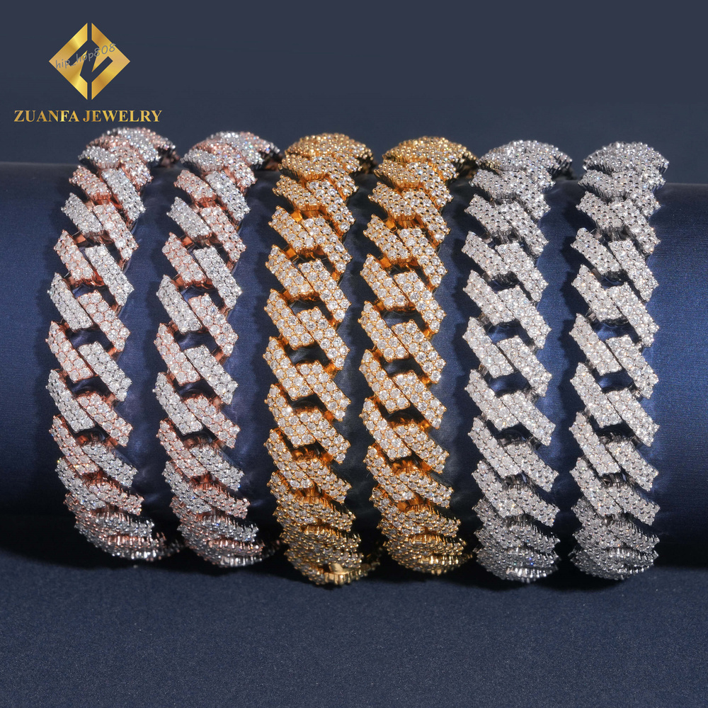 Pass Diamond Tester Moissanite 12mm Cuban Link Chain Mens Jewelry 925 Silver Gold Plated Hot Sale 2 Rows Moissanite Necklace