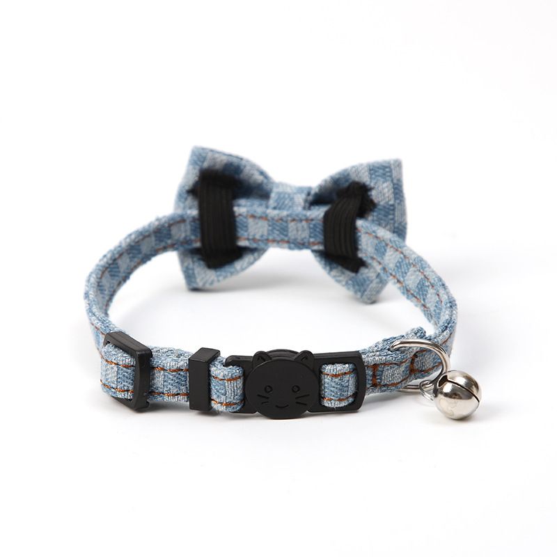 Chic Checkered Denim Bow Tie Pet Dog Cats Collar with Bell Light & Dark Wash