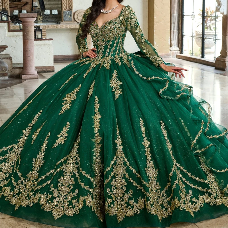 Emerald Green Shiny Princess Sweet 16 Dress Quinceanera Dresses Long Sleeves Applique Lace Bow Tull Party Birthday Vestides De 15 Anos