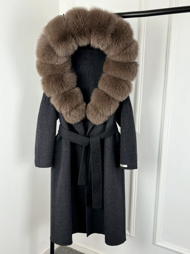 Janveny Large Fox Fur Hooded Long Oversize Ladies Woolen Blends Coat Autumen Winter Jacket Women Cashmere Wool Coats 250811