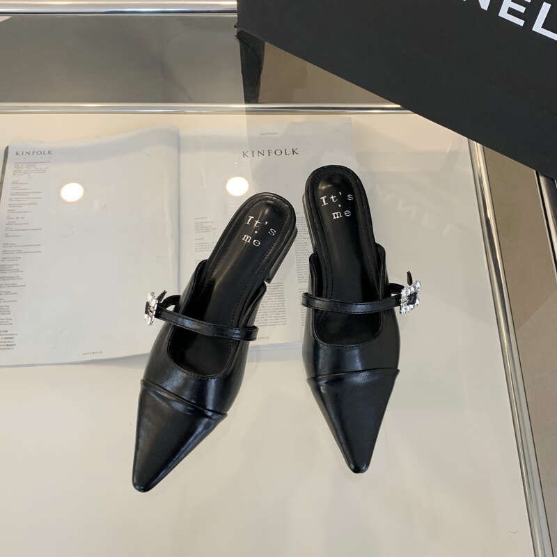 2025 Spring/Summer One-Strap Rhinestone Buckle Single Tote Open Back Pointed Fairy Fashion Closed-Toe Half Slippers Flat Shoes