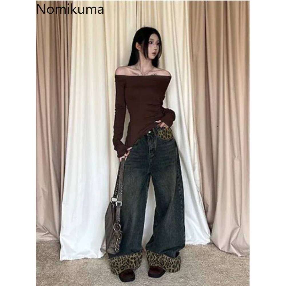 Retro Leopard Print Y2k Jeans for Women Haruku Wide Leg Pants 2025 New Bottoms Denim Casual Straight Fashion Trousers