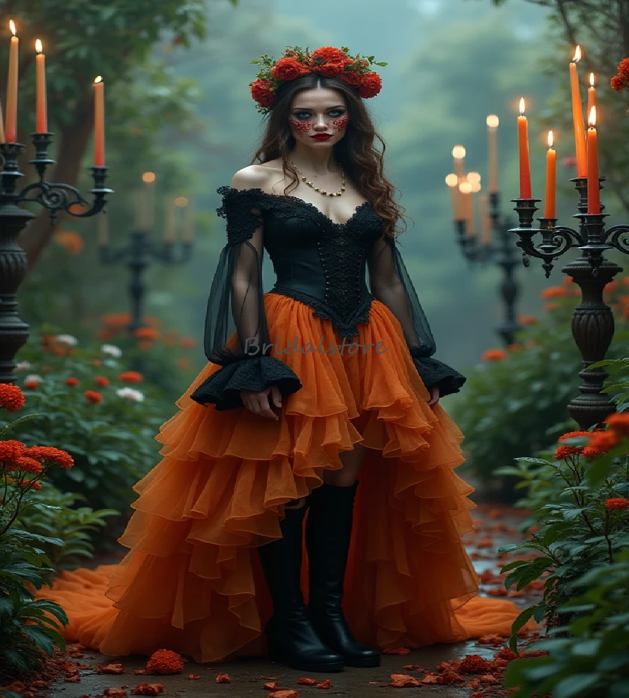 Ethereal Witch Black Orange Prom Dress Hi Low Gothic Vampire Evening Dress Long Sleeve Tiered Renaissance Formal Party Birthday Occasion Vestio De Gal