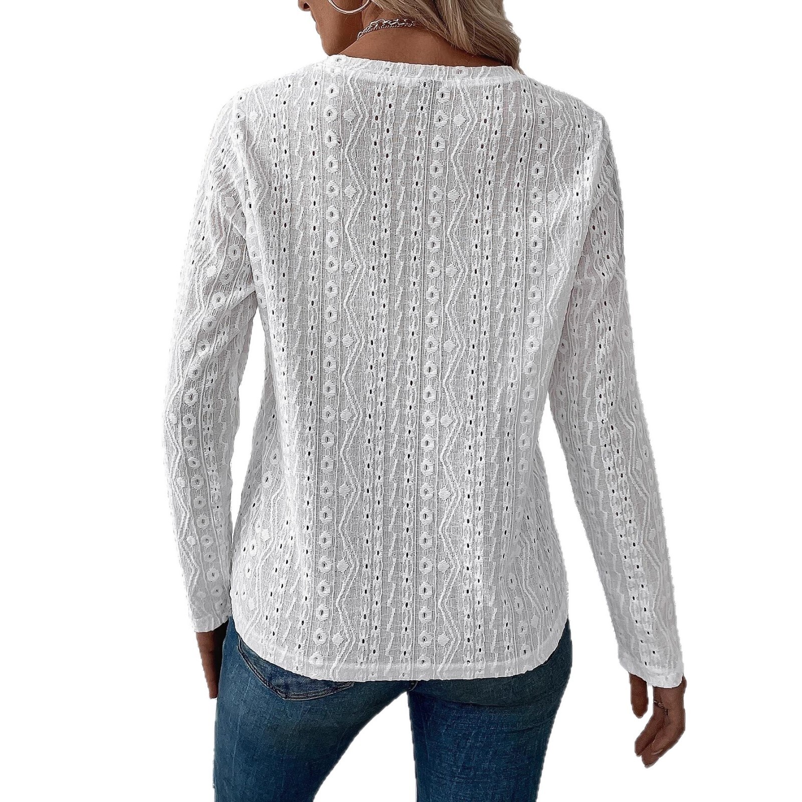 2025 Spring New Women's Clothing Solid Color Round Neck Long Sleeve Hollow Out T-Shirt Top