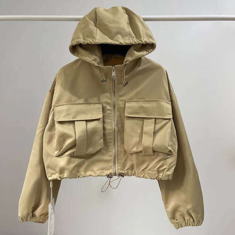 Autumn Pink Drawstring Hooded Cargo Jackets Zipper Coat with Pockets Women Top Windbreaker