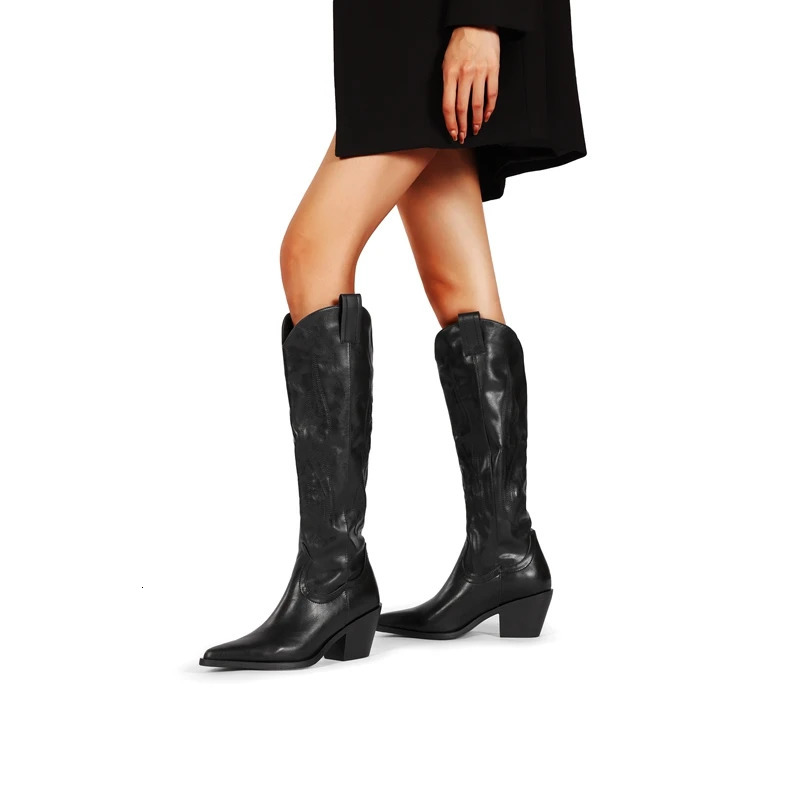 Womens Western Mid calf Pointed Head Large Denim Embroidered Flame High Heels Over Knee Gothic Boots 250809