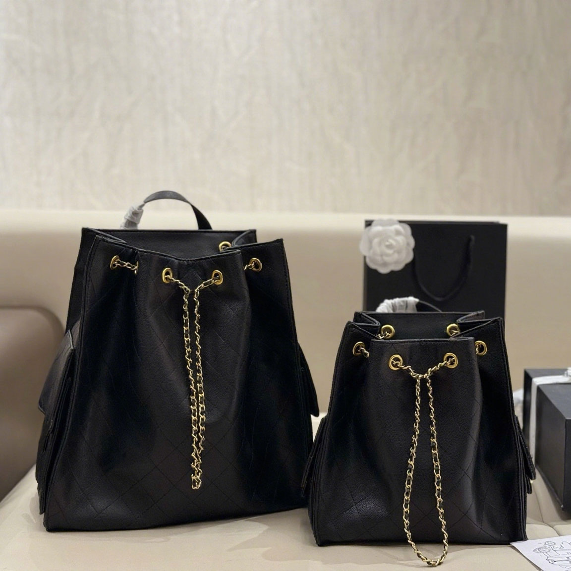 New Designer Bags 25 Drawstring Bucket Bag Travel Backpack 25B Chain sac a dos Women Caviar leather Book bags Handbag Hanging