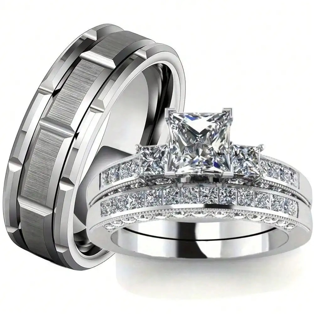 Fashion Silver Color Couple Rings for Lovers Trendy Stainless Steel Men Cute Women s Zircon Set 250811