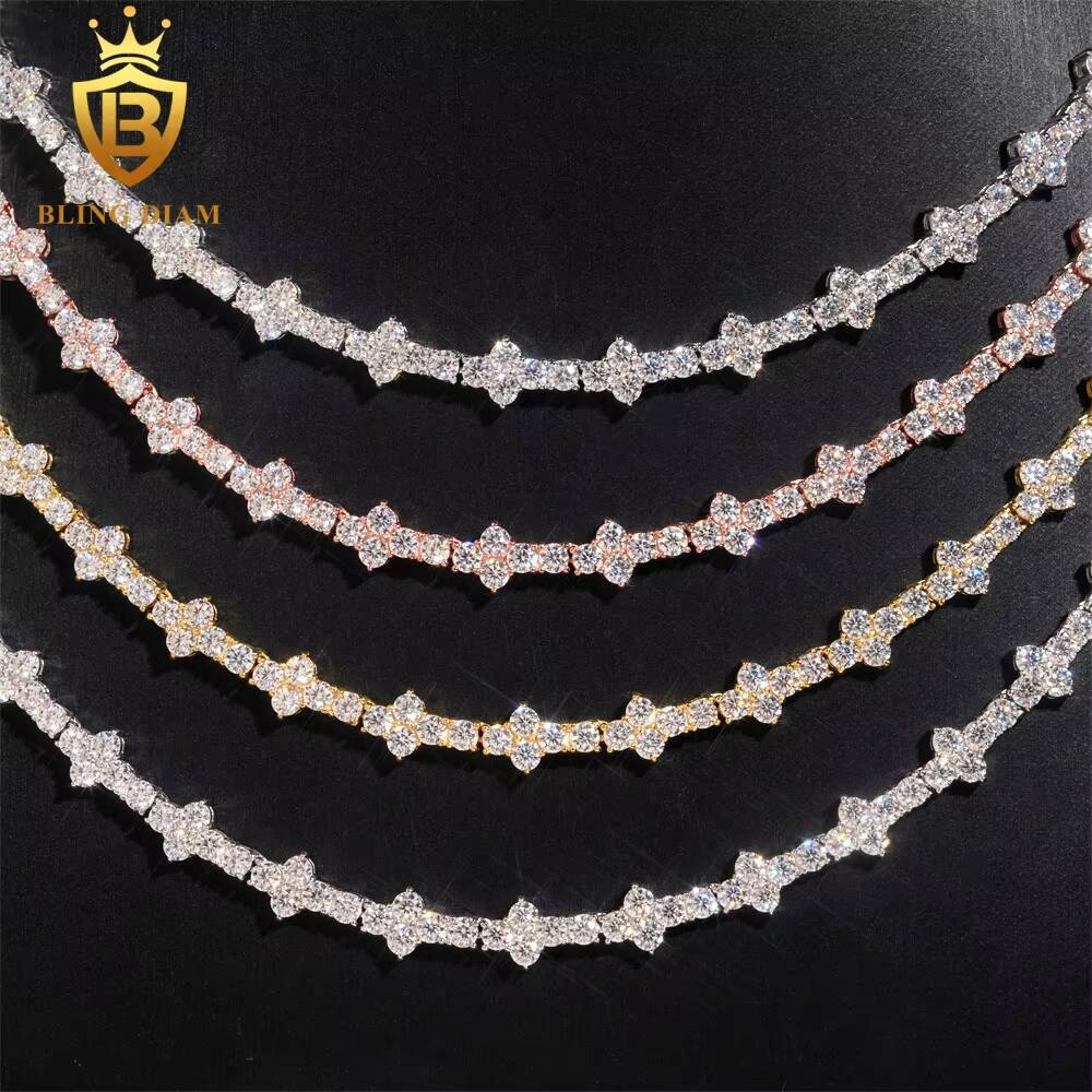 Hot Sale 3mm 4mm VVS Moissanite Tennis Chain Necklace Cross Shape 925 Sterling Silver Iced Out Fine Jewelry for Women