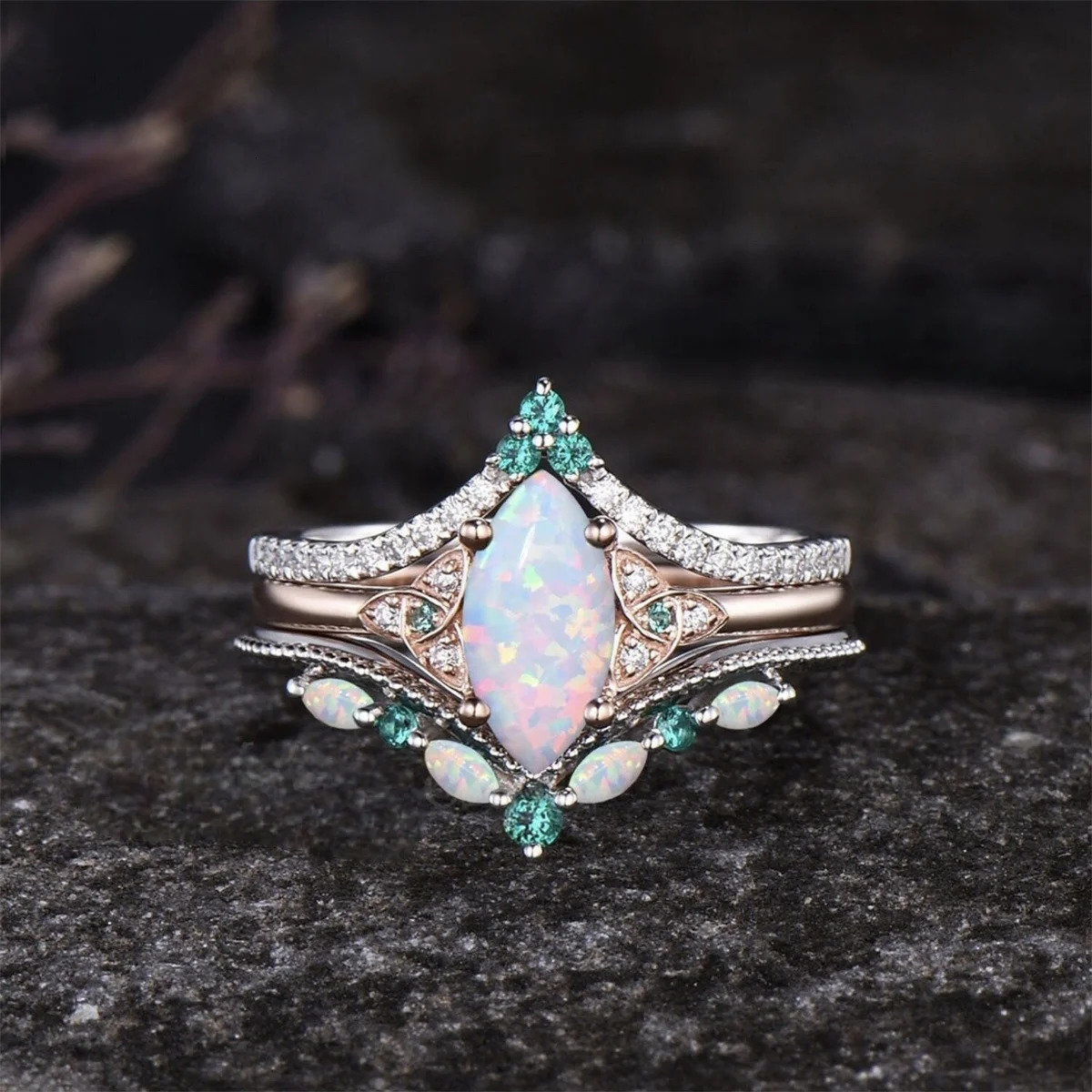 3Pcs/Set Fashion Rose Gold Color Rhinestone Opal Rings For Women Green Crystal Rings Set Wedding Engagement Jewelry Gifts 250811