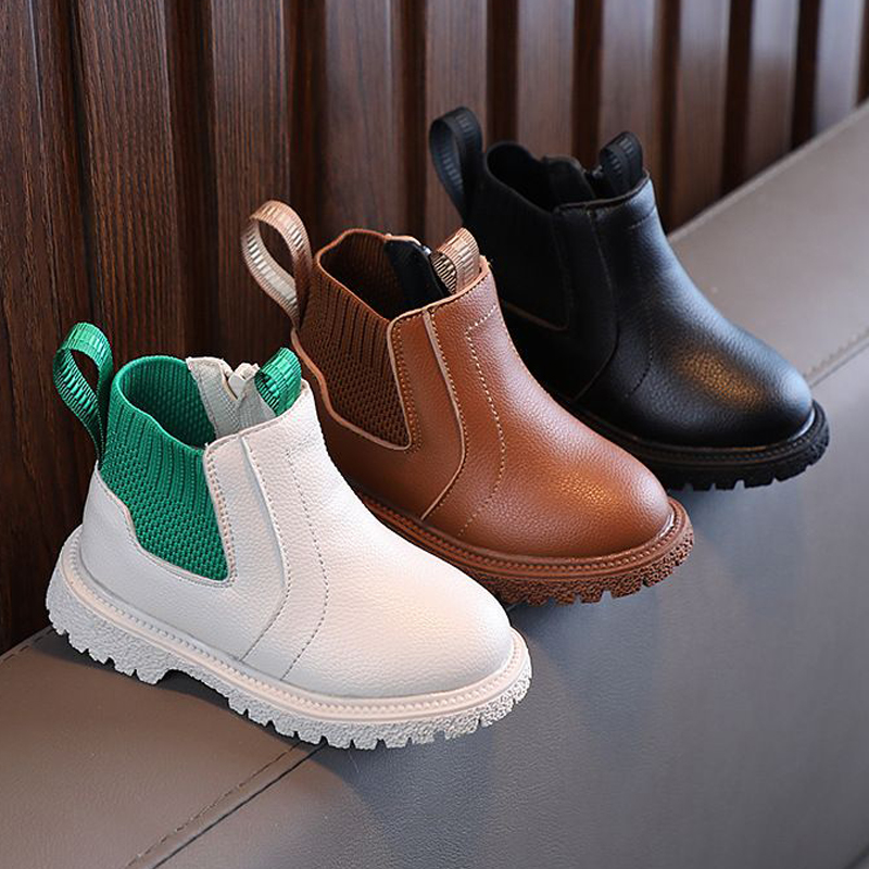 Winter New Kids Thick Plush Warm Boots Side Zipper PU Leather Waterproof Snow Boots Kidsnest Boys Girls Non-slip Plush Cotton Shoes Size US 5C-12.5C