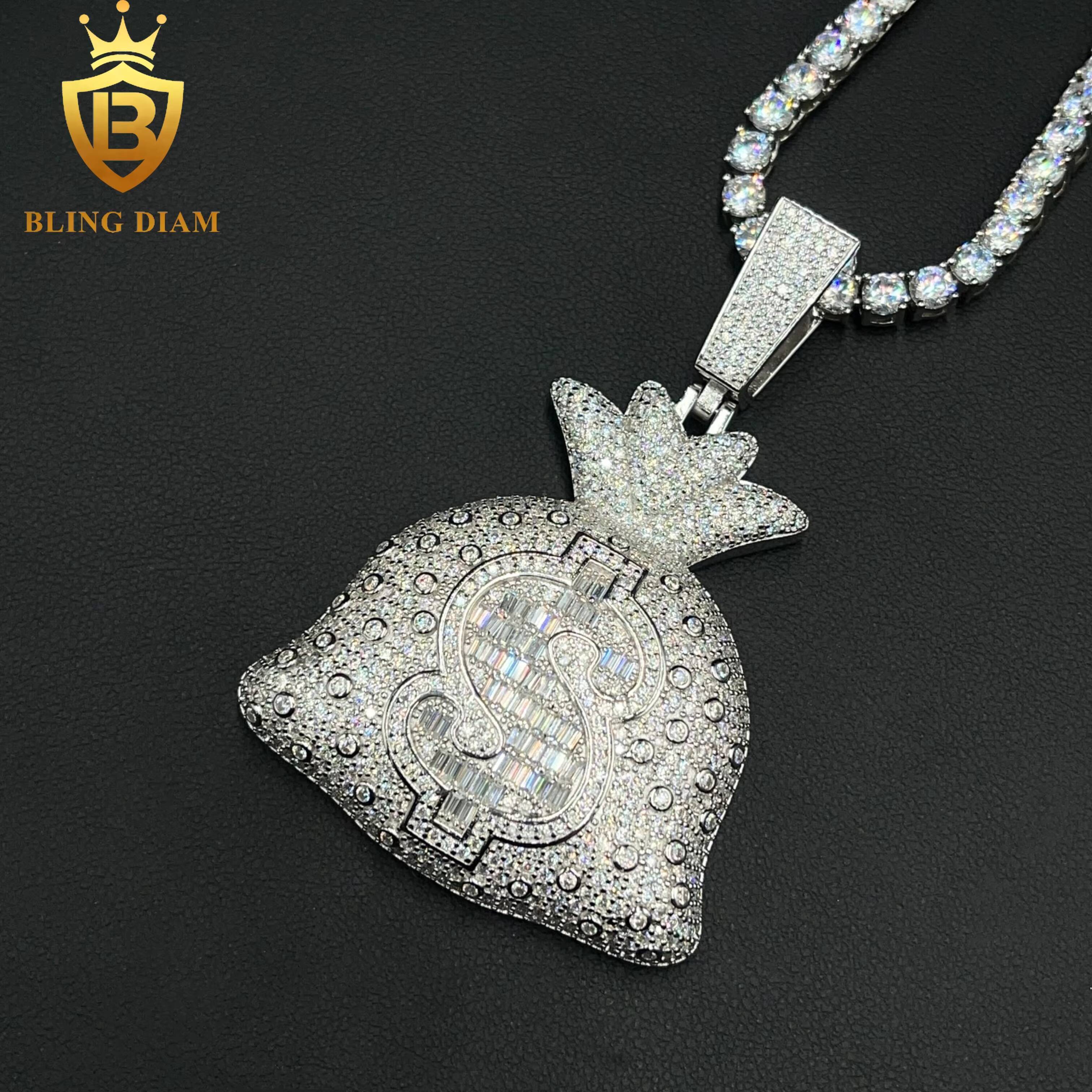 Hip Hop Rapper Style Jewelry 925 Sterling Silver VVS Moissanite Charm Money Bag Custom Pendants