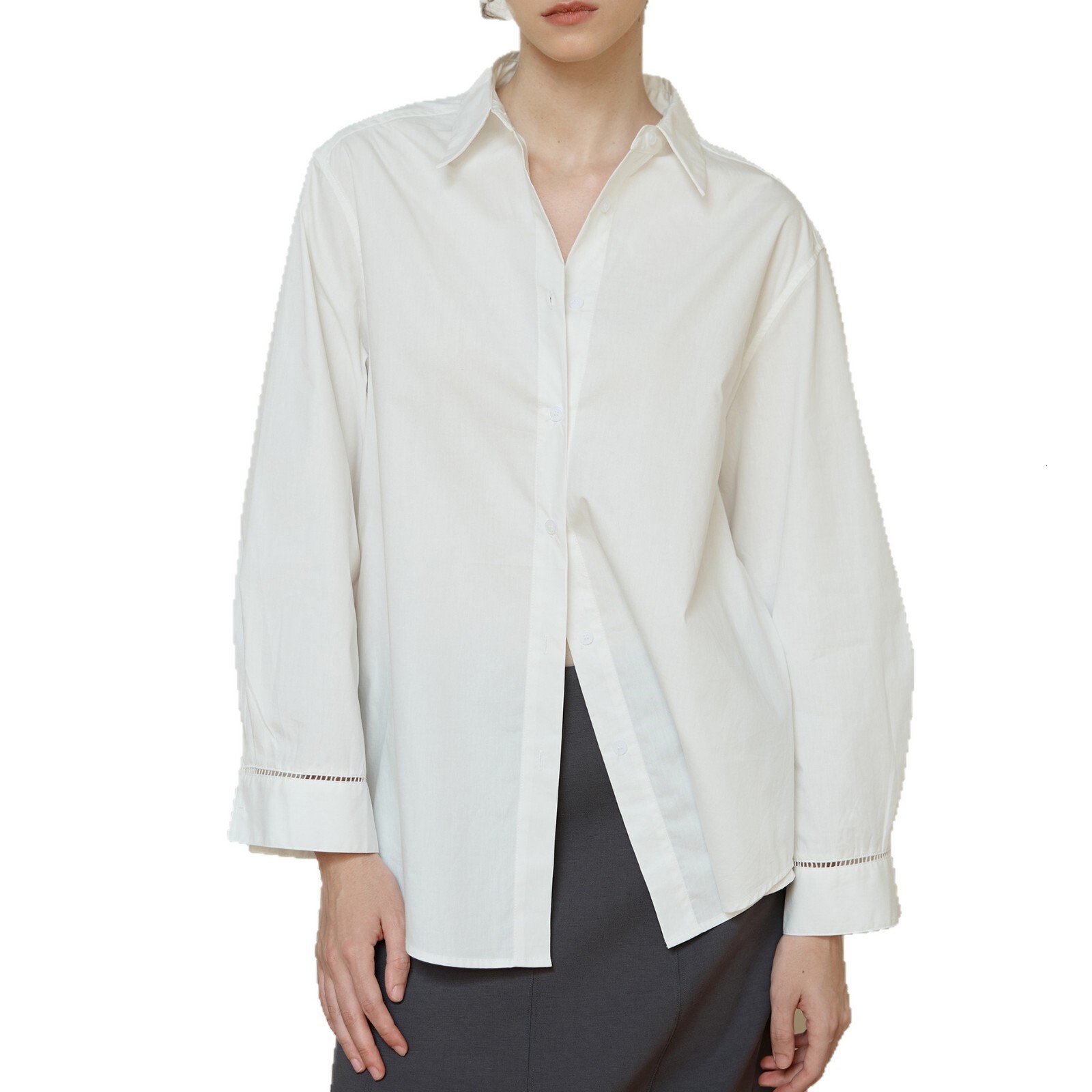 Autumn Winter New Pure Cotton Long Sleeve Shirt for Women French Lazy Style Hollow Design Top Mid-Length Versatile Blouse