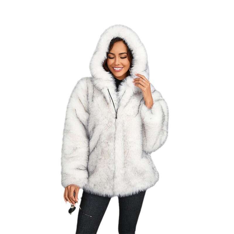 Women's Clothing Solid Color Loose Hooded Short Fur Collar Coat Warm Winter Wear 20250815