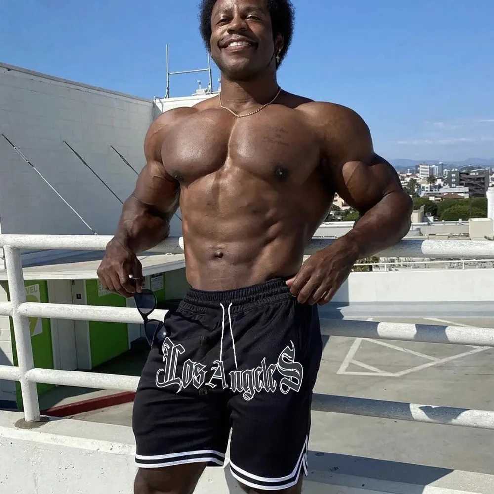 Los Angeles Letter Print Mens Casual Shorts Gothic Chic Gym Shorts for Men Summer Fitness Four-sided Elastic Fabric Short Pants Y250814