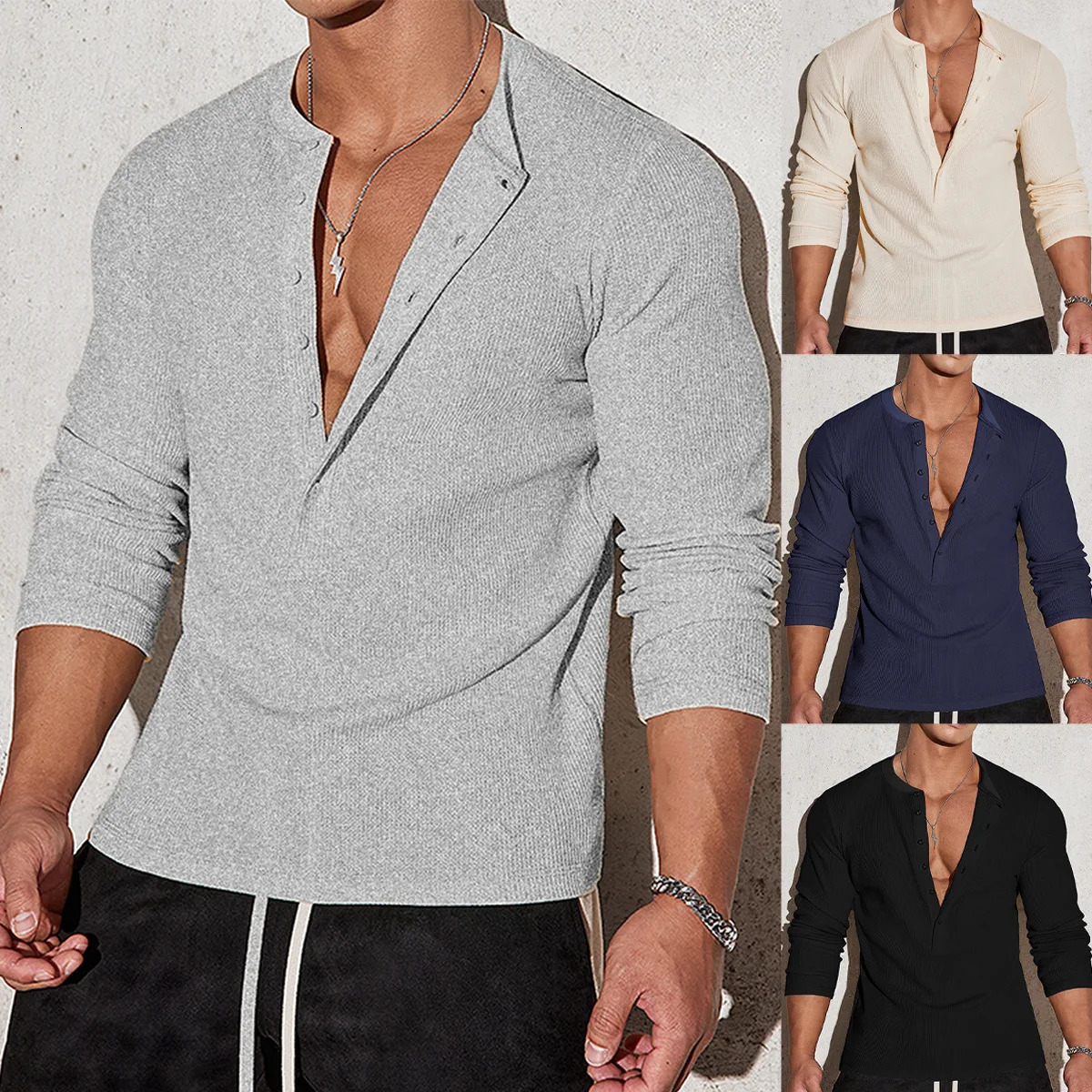 Mens Autumn Sports Fitness Casual Collar Stretch Vertical Stripe Long Sleeve VNeck Polo 250814