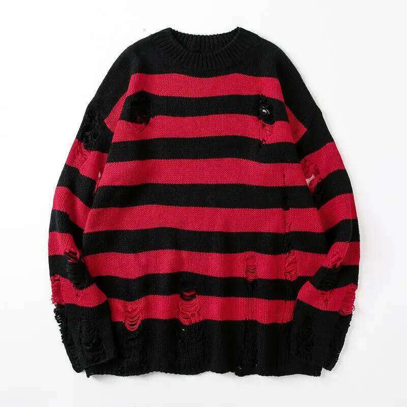 Designer Clothing 2025 Black Stripe Sweaters Destroyed Ripped Sweater Pullover Hole Knit Jumpers Men Oversized Sweatshirt Haruku Long Sleeve Tops