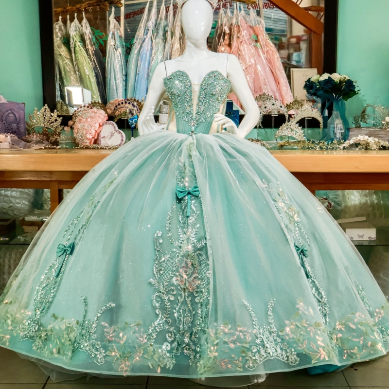 Mint Green Shiny Princess Sweet 16 Dress Dress Quinceanera Dresses Applique Lace Beading Bow Corset Tull Party Birthday Vestido De 15 Anos Ball Gowns