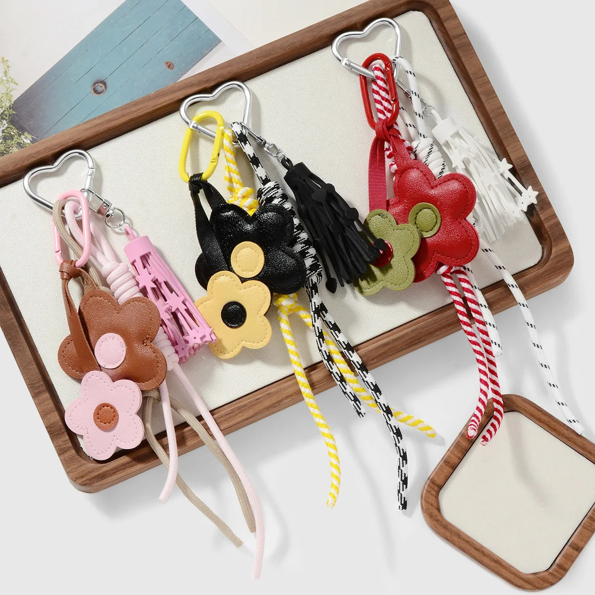 INS Style Korean Sweet Keychain Cute Exquisite Leather Flower Tassel Backpack Decoration Love Star Braided Rope DIY Keychain 250811