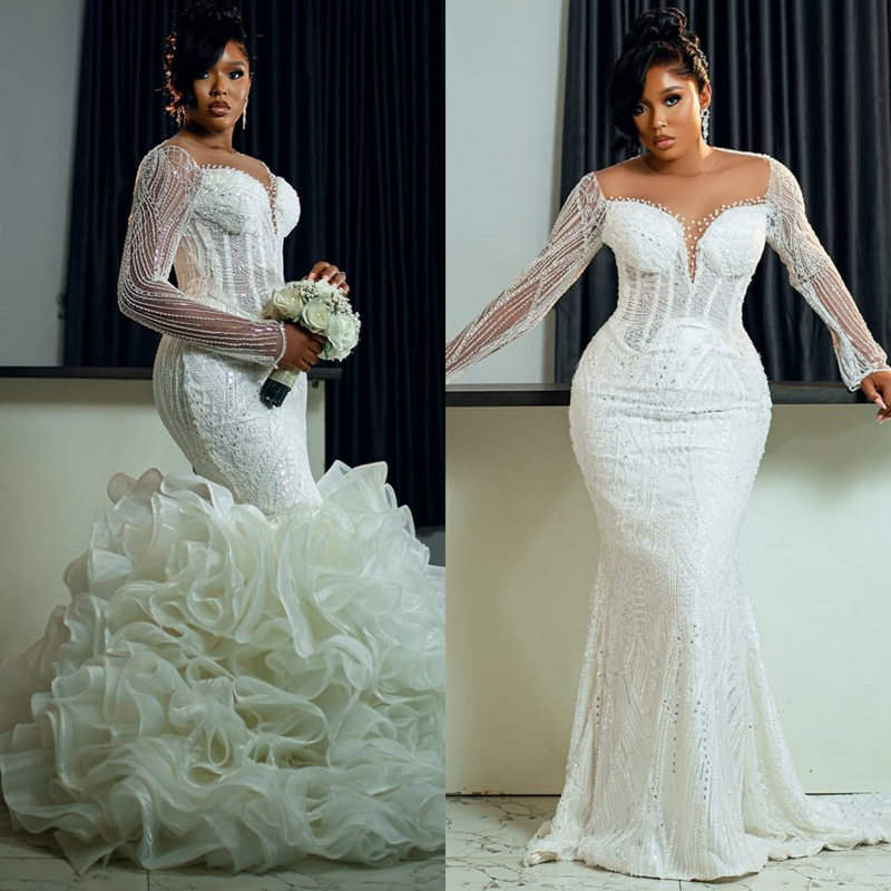 2025 Aso Ebi African Wedding Dress Bridal Gowns For Bride Mermaid Sheer Neck Detachable Train Lace Pearls Tiered Pleat Wedding Gowns For Black Women D
