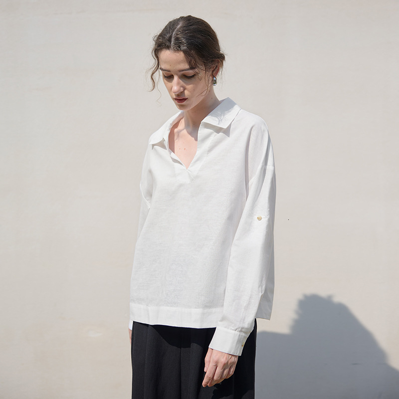 Old Style Pure White V-Neck Long Sleeve Shirt for Women, New Autumn and Winter Linen Loose Shirt, High-End Relaxed Top